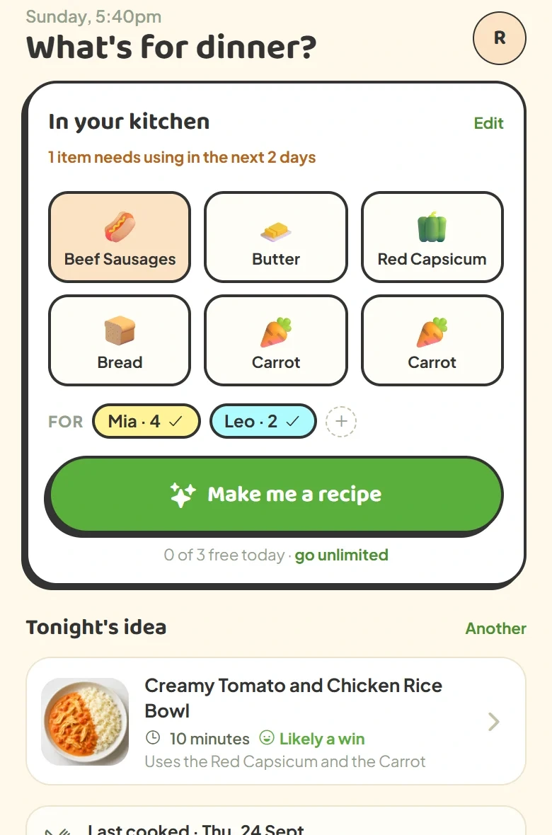 KindyEats home screen: pantry items, the children it is cooking for, and a recipe button