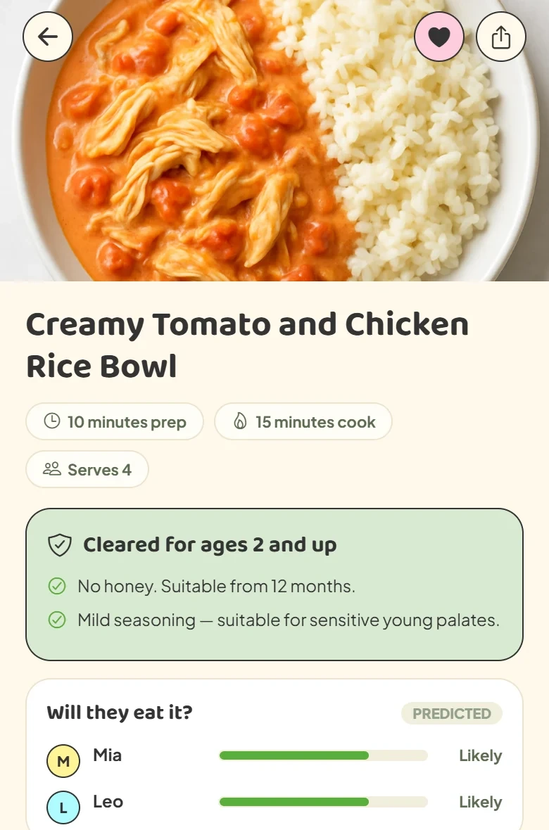 KindyEats recipe screen: age safety check and a prediction of whether each child will eat it